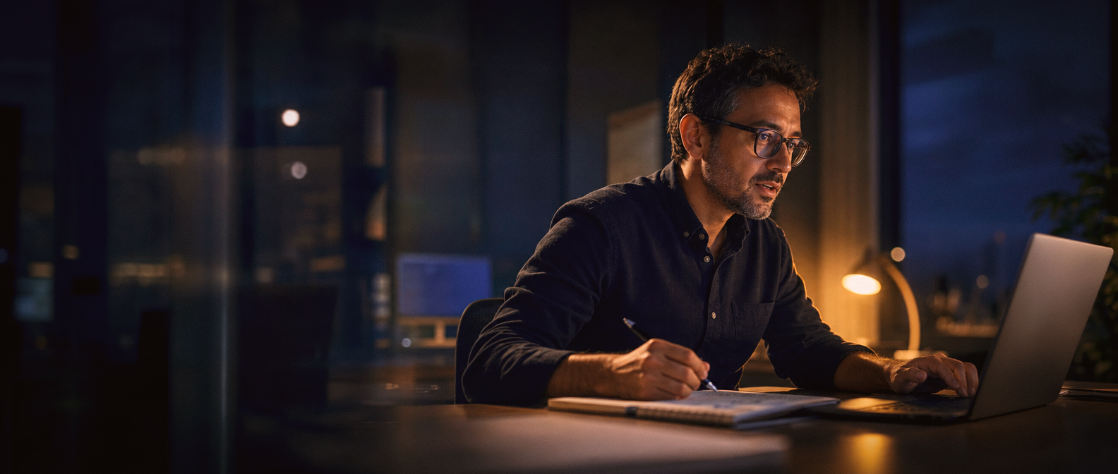 Consultor da Maxxi respondendo um contato à noite, entre o caderno e o laptop