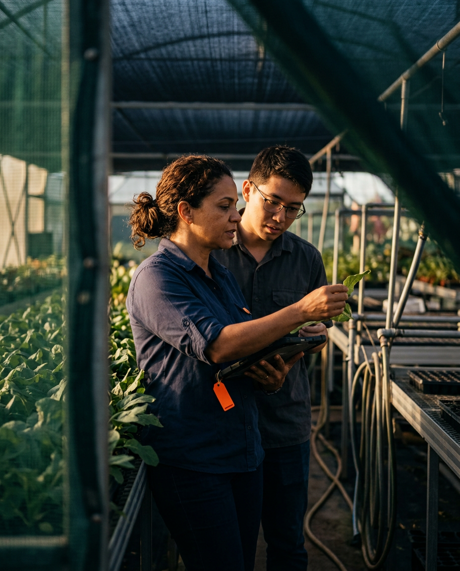Especialistas do agro avaliando mudas com tablet na estufa