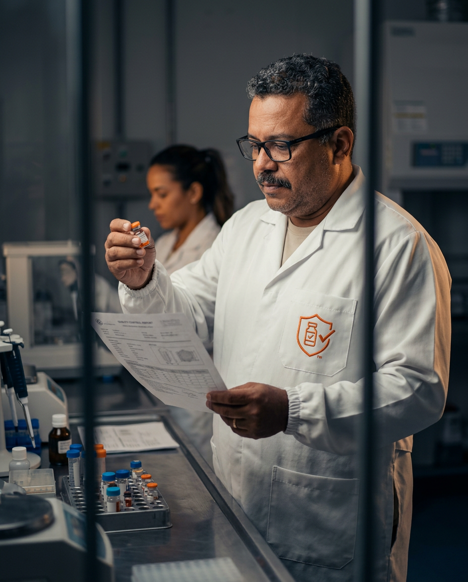 Farmacêutico conferindo amostra e laudo de controle de qualidade no laboratório