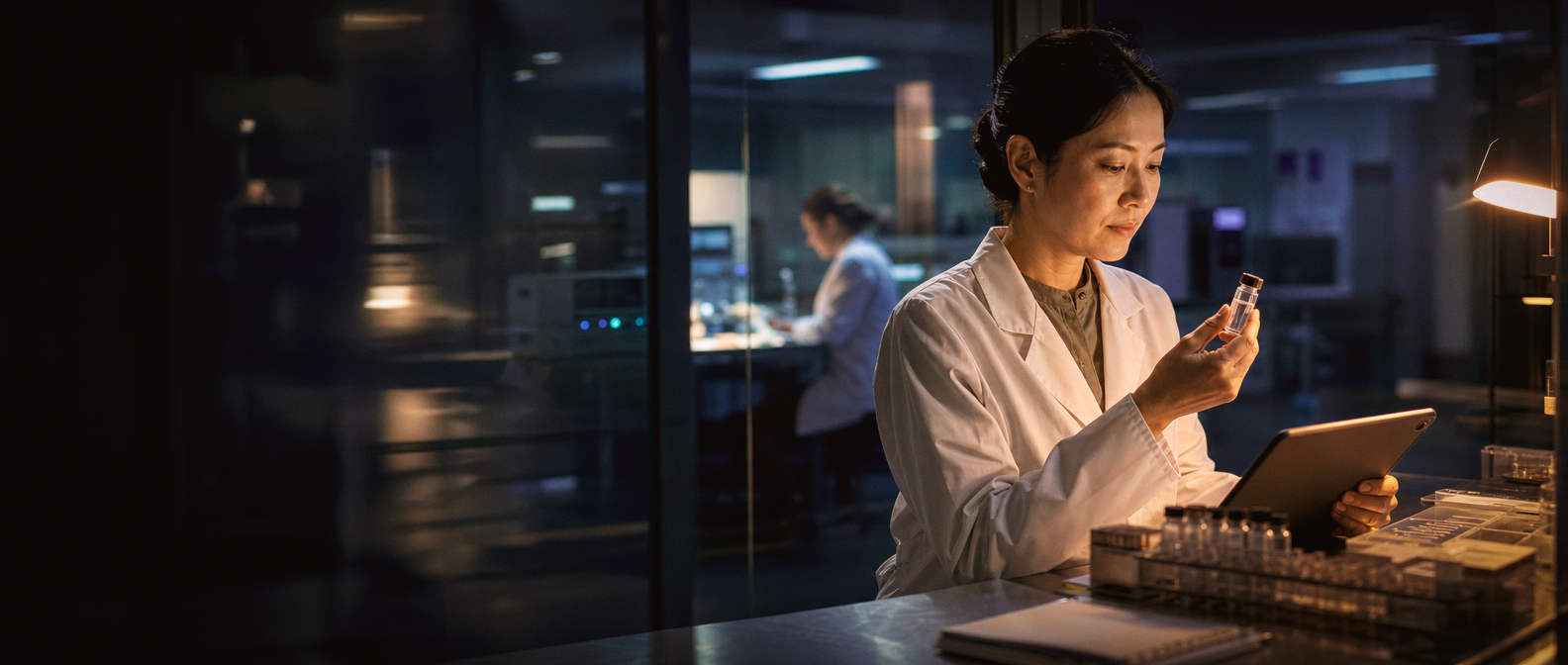 Farmacêutica analisando amostra no tablet, laboratório em operação ao fundo