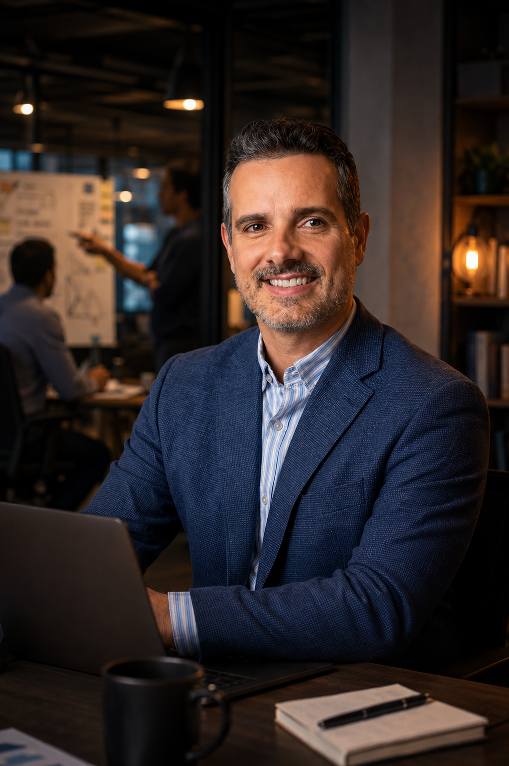 Roberto Basso sorrindo à mesa de trabalho, com o time ao fundo