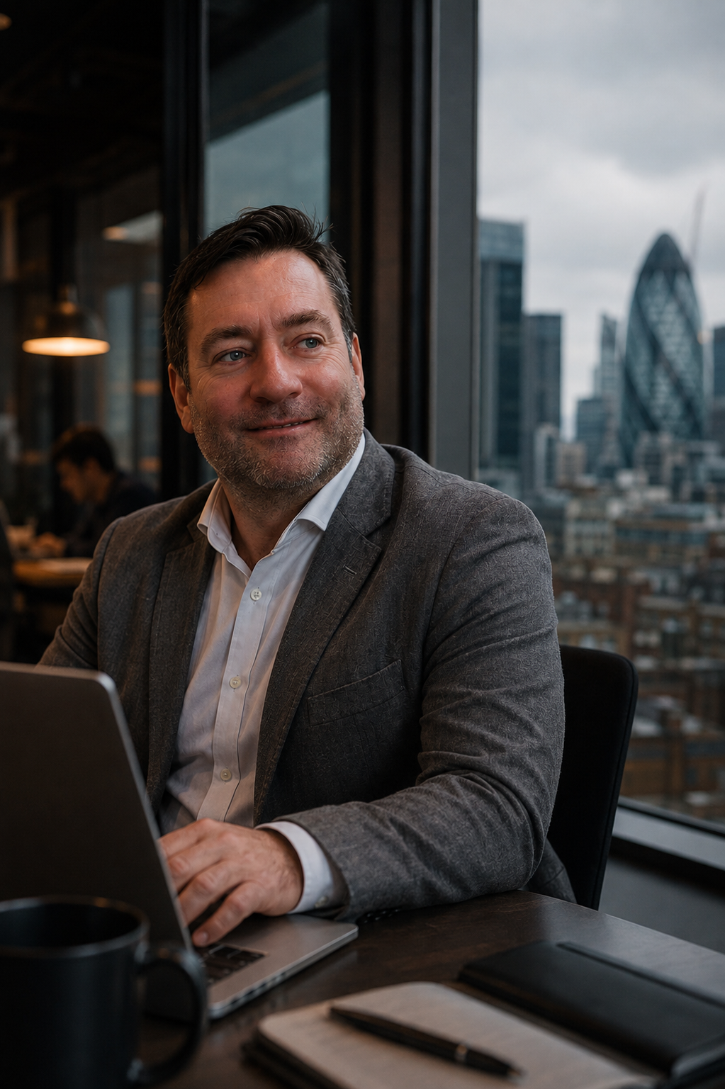 Donald Parkin diante do laptop, com a City de Londres pela janela